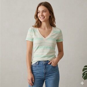 MOSSIMO SUPPLY Mint Cream Striped V-Neck Tee T-Shirt XS Fitted Tapered Waist